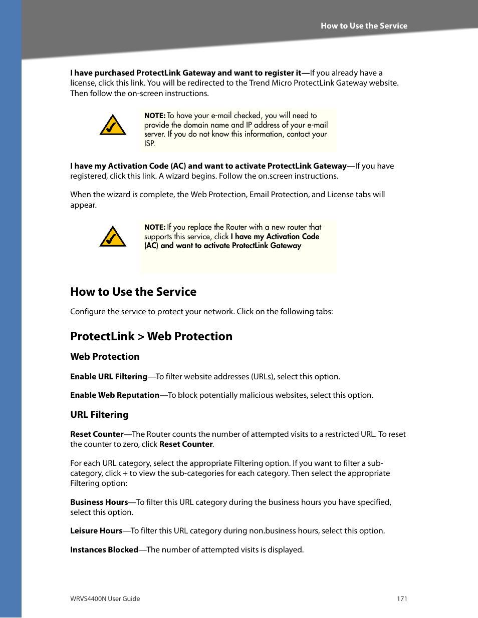 How to use the service, Protectlink > web protection, Web protection | Url filtering | Linksys WRVS4400N User Manual | Page 177 / 180