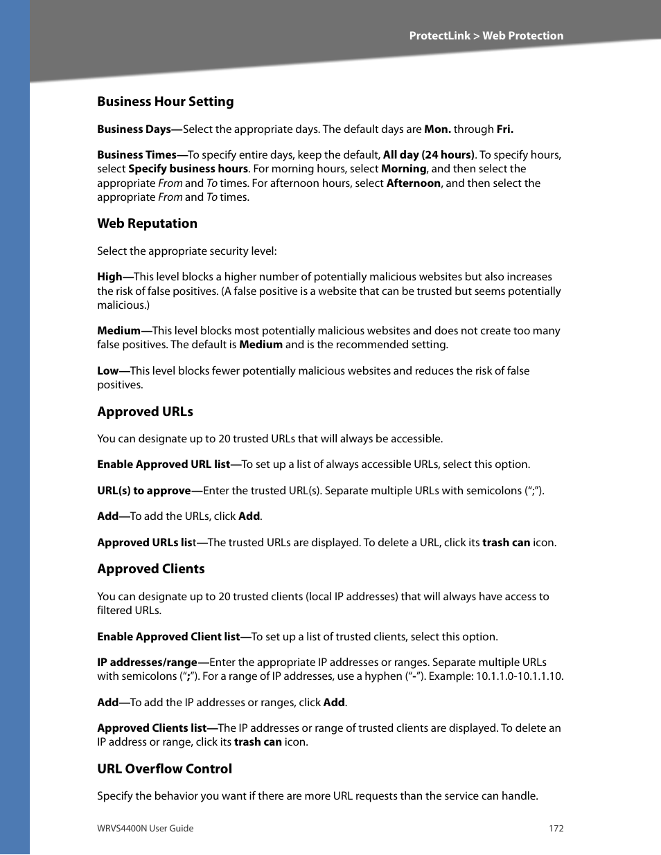 Business hour setting, Web reputation, Approved urls | Approved clients, Url overflow control | Linksys WRVS4400N User Manual | Page 178 / 180