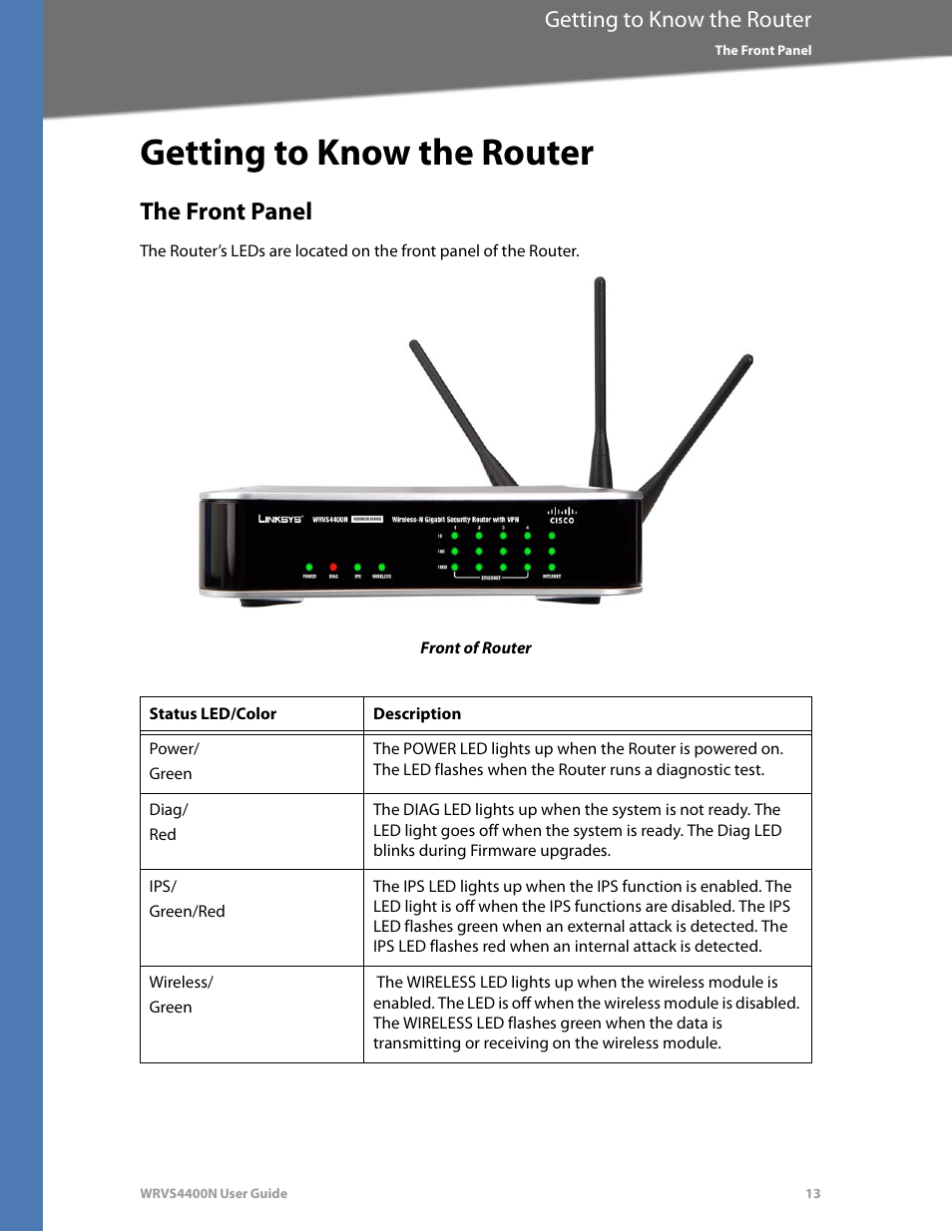 Getting to know the router, The front panel, Chapter 4, "getting to know the router | Linksys WRVS4400N User Manual | Page 19 / 180