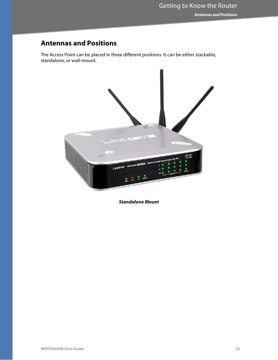 Antennas and positions, Getting to know the router | Linksys WRVS4400N User Manual | Page 22 / 180