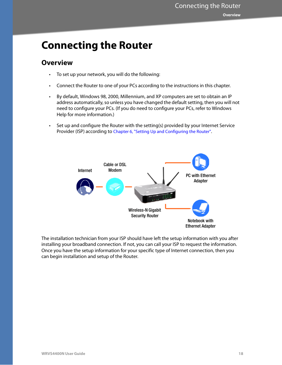 Connecting the router, Overview, Chapter 5, "connecting the router | Linksys WRVS4400N User Manual | Page 24 / 180