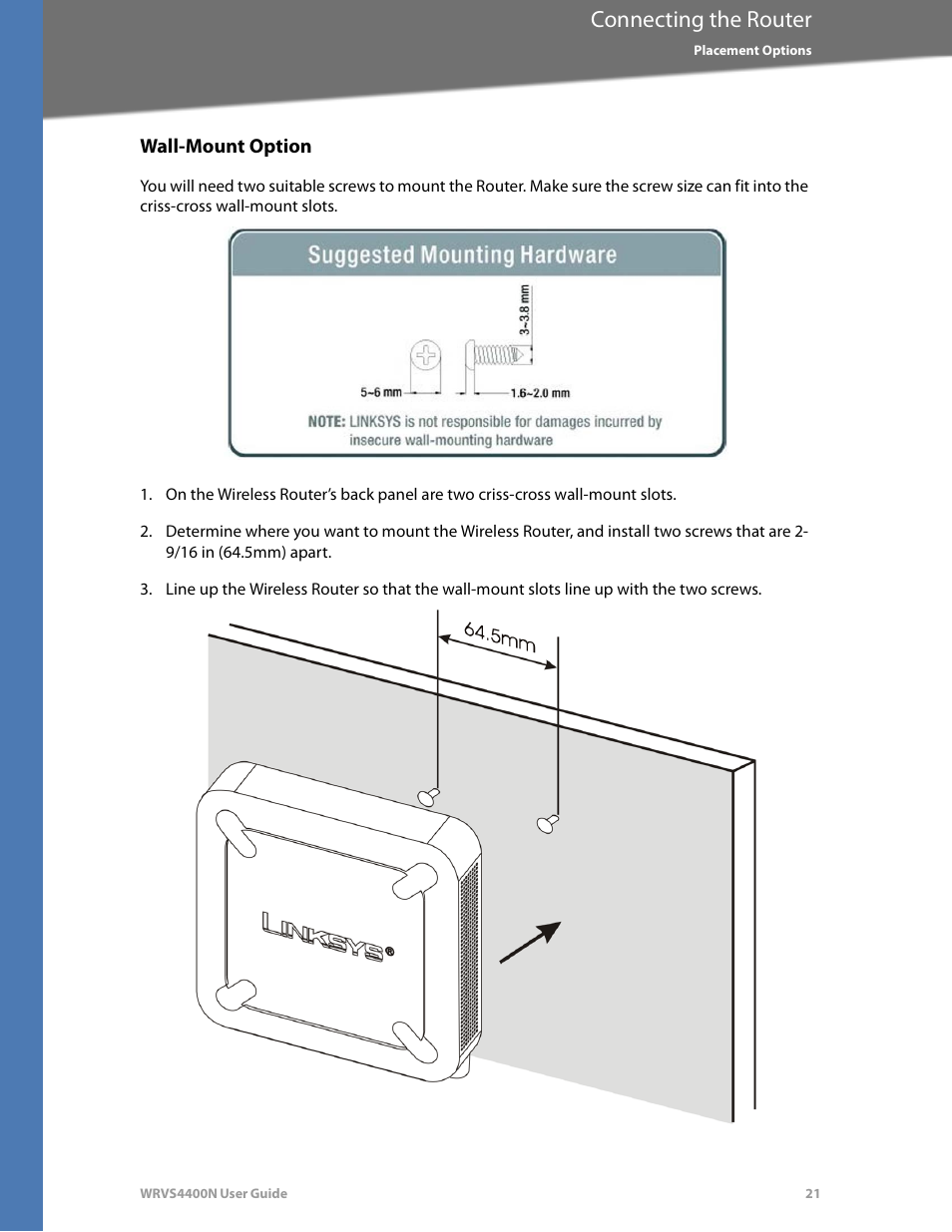 Wall-mount option, Connecting the router | Linksys WRVS4400N User Manual | Page 27 / 180