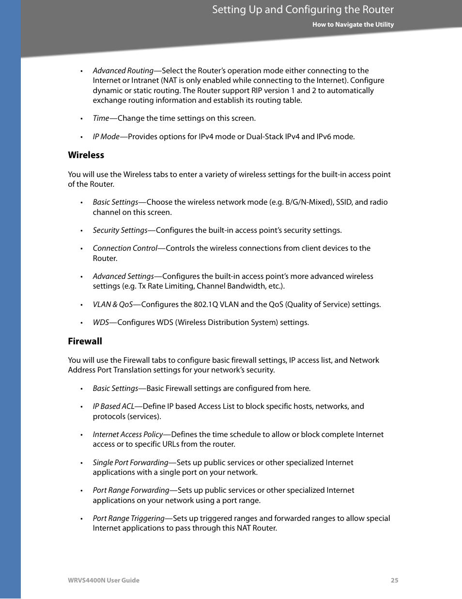 Wireless, Firewall, Setting up and configuring the router | Linksys WRVS4400N User Manual | Page 31 / 180