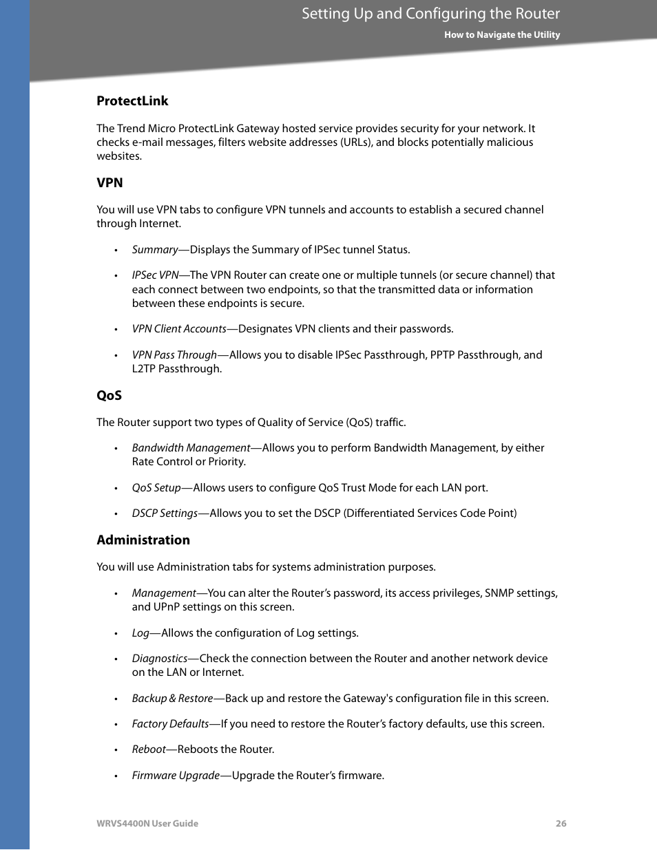 Protectlink, Administration, Setting up and configuring the router | Linksys WRVS4400N User Manual | Page 32 / 180