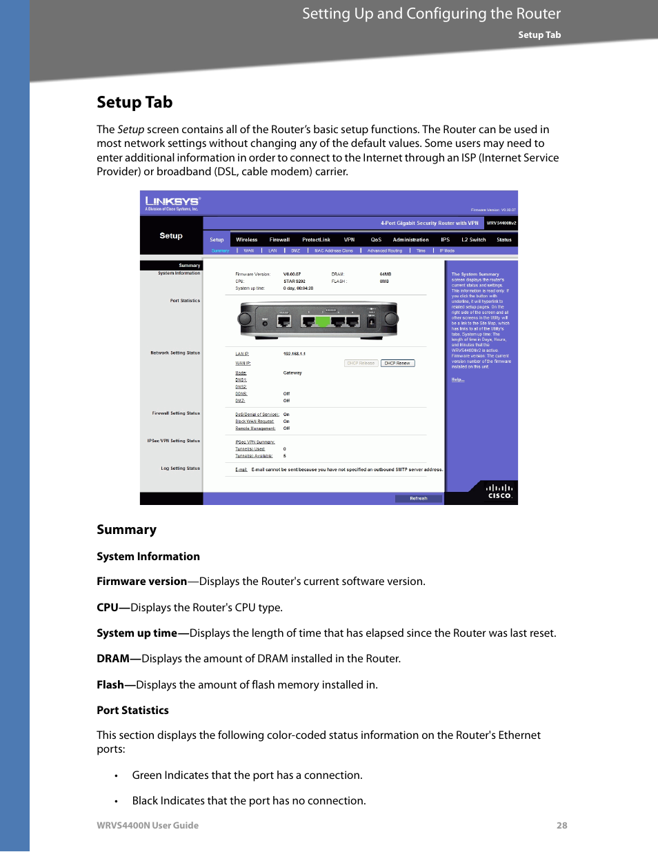 Setup tab, Summary, System information | Port statistics, Setting up and configuring the router | Linksys WRVS4400N User Manual | Page 34 / 180