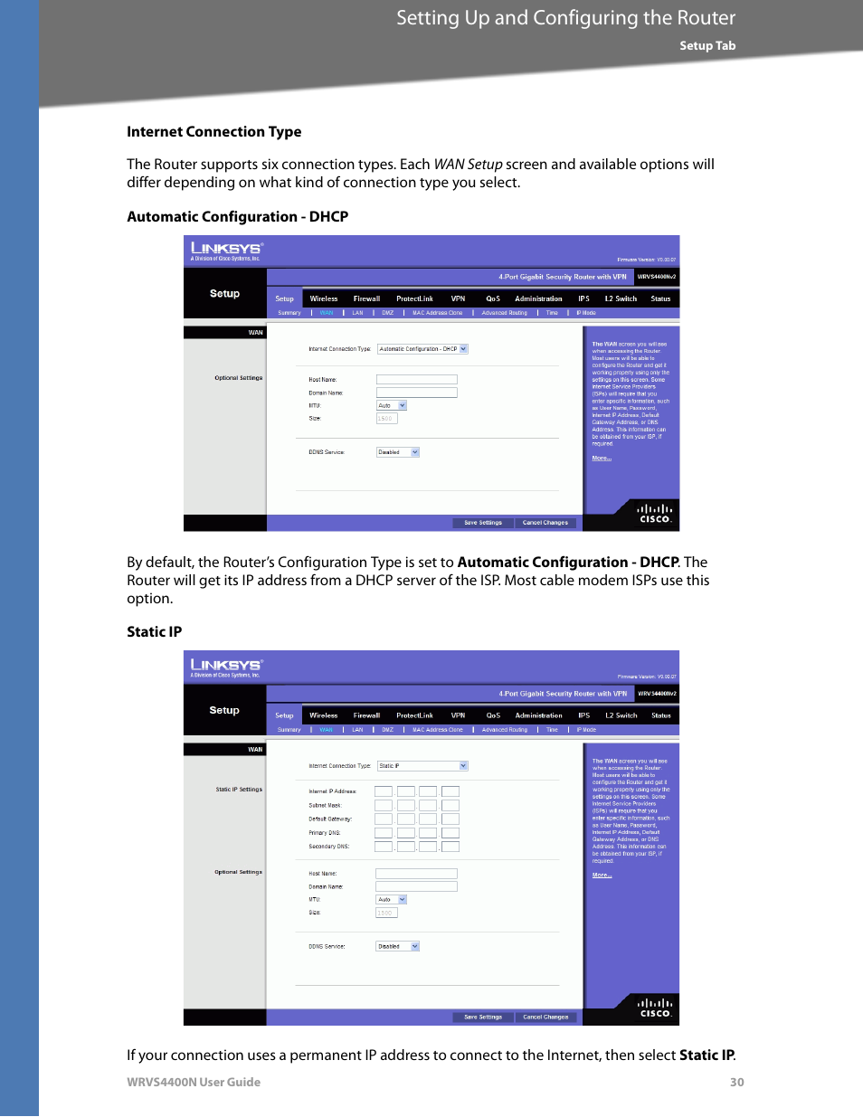 Internet connection type, Automatic configuration - dhcp, Static ip | Setting up and configuring the router | Linksys WRVS4400N User Manual | Page 36 / 180