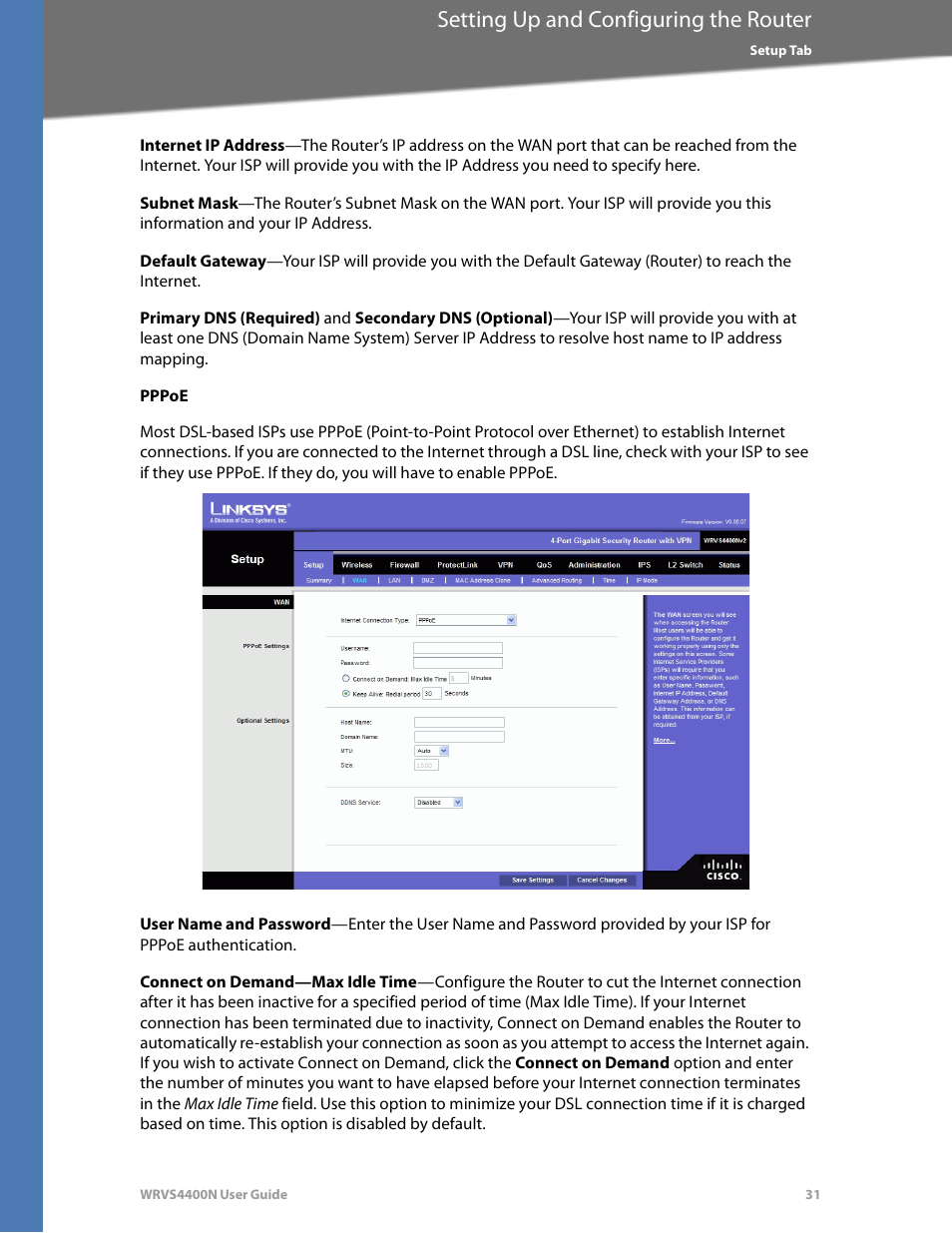 Pppoe, Setting up and configuring the router | Linksys WRVS4400N User Manual | Page 37 / 180