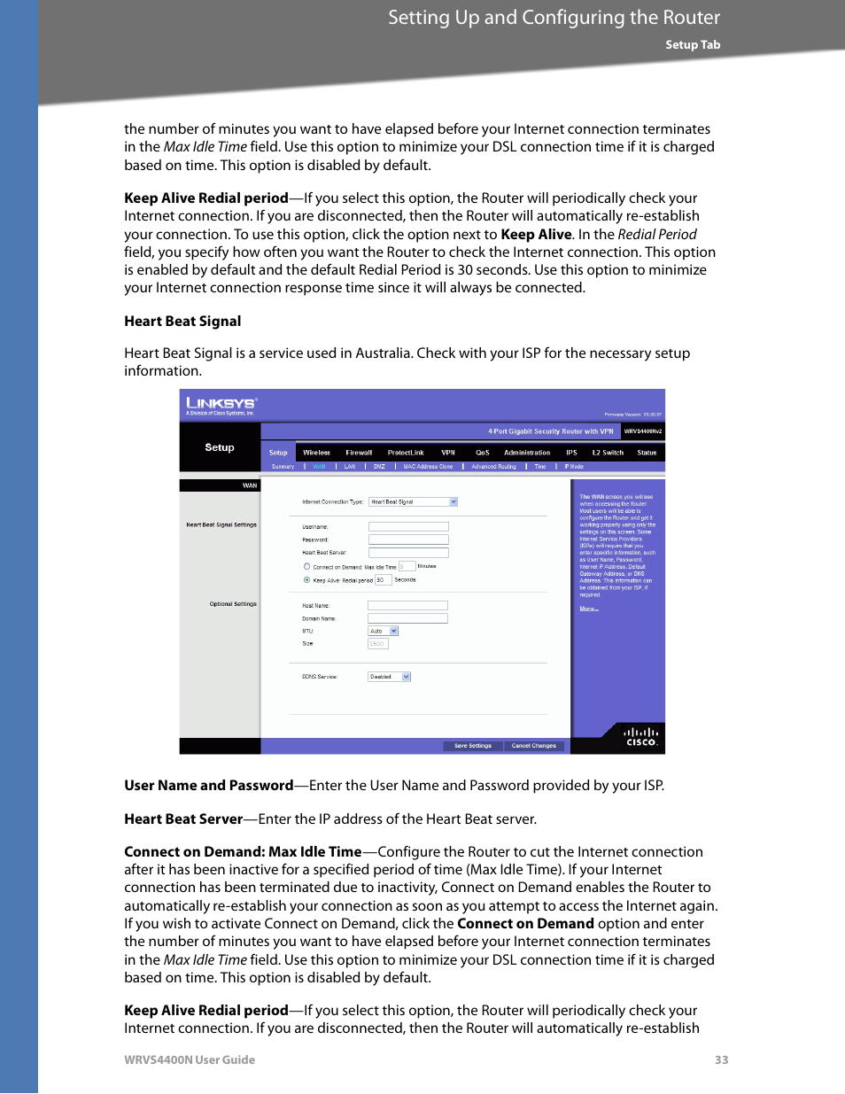 Heart beat signal, Setting up and configuring the router | Linksys WRVS4400N User Manual | Page 39 / 180