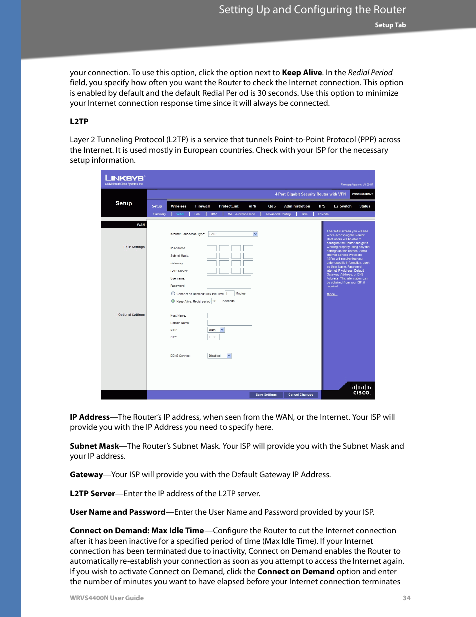 L2tp, Setting up and configuring the router | Linksys WRVS4400N User Manual | Page 40 / 180