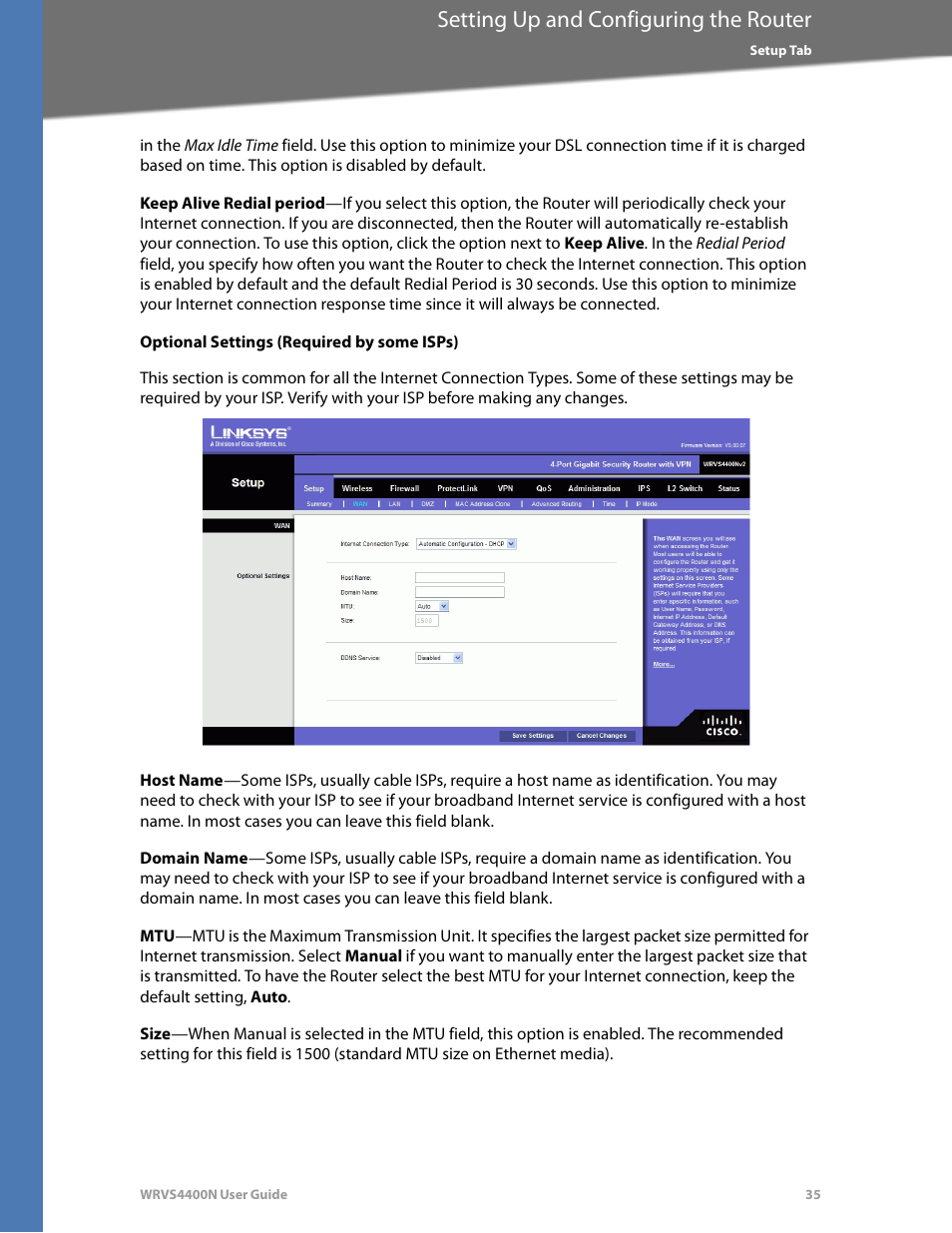 Optional settings (required by some isps), Setting up and configuring the router | Linksys WRVS4400N User Manual | Page 41 / 180