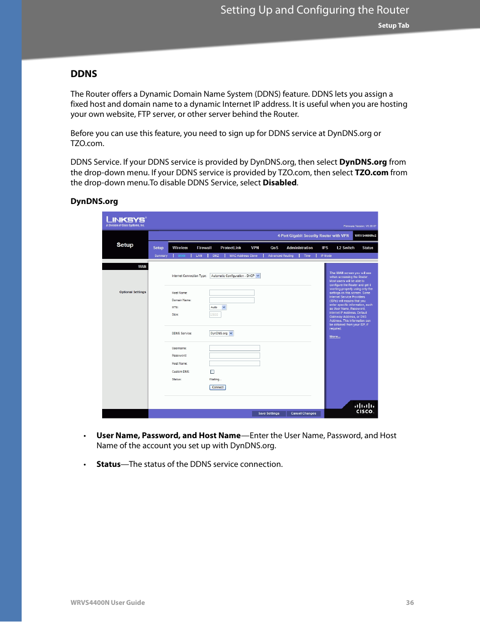Ddns, Dyndns.org, Setting up and configuring the router | Linksys WRVS4400N User Manual | Page 42 / 180