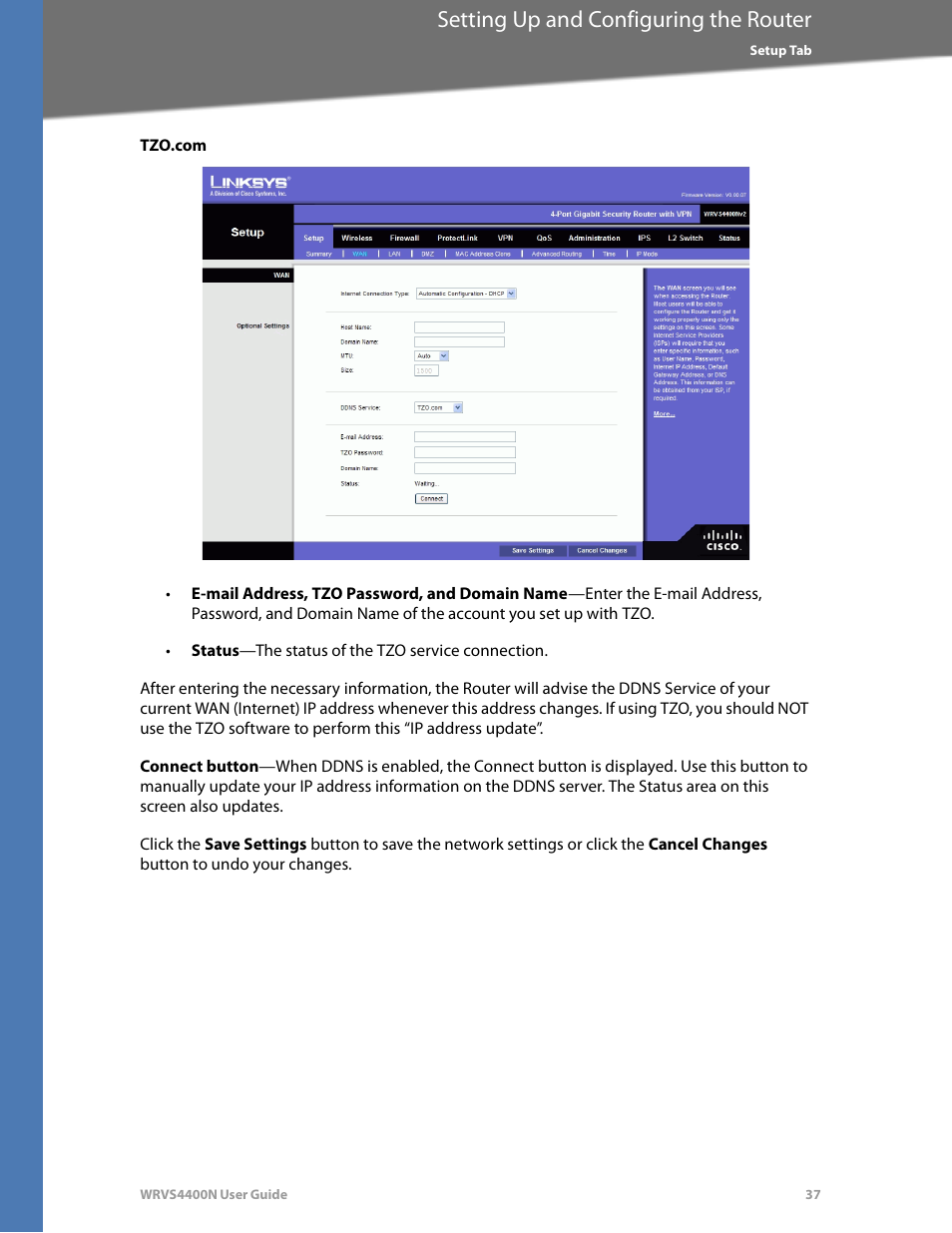 Tzo.com, Setting up and configuring the router | Linksys WRVS4400N User Manual | Page 43 / 180