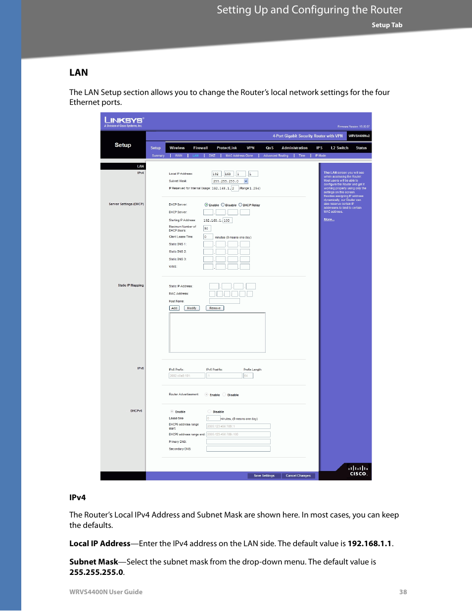 Ipv4, Setting up and configuring the router | Linksys WRVS4400N User Manual | Page 44 / 180