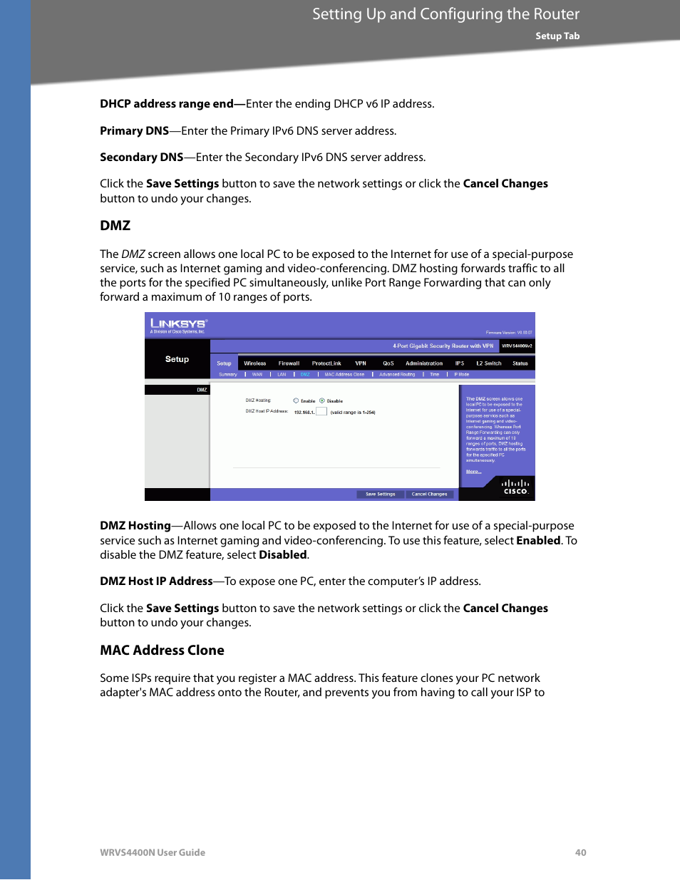Mac address clone, Setting up and configuring the router | Linksys WRVS4400N User Manual | Page 46 / 180