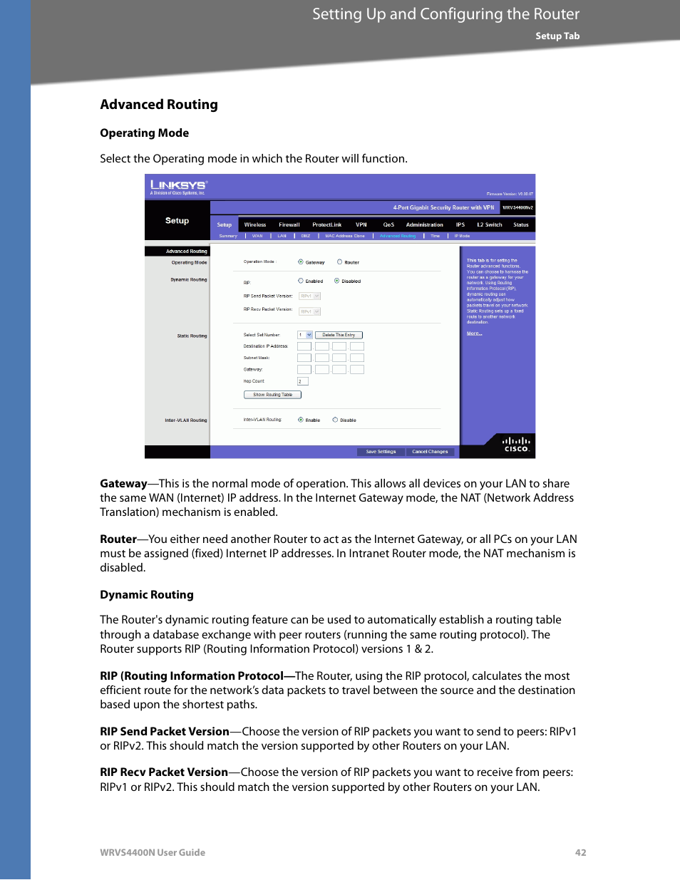 Advanced routing, Operating mode, Dynamic routing | Setting up and configuring the router | Linksys WRVS4400N User Manual | Page 48 / 180
