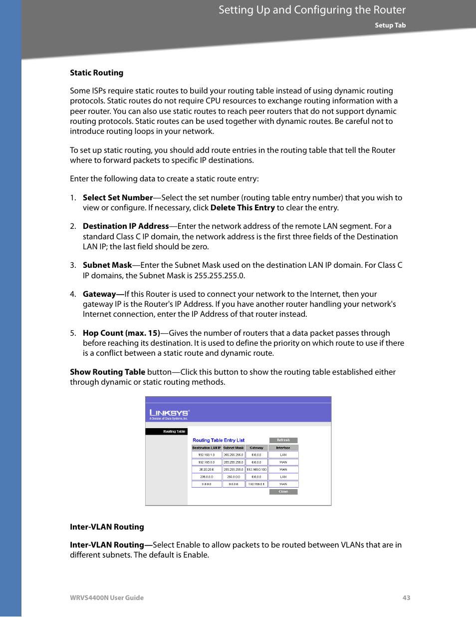 Static routing, Inter-vlan routing, Setting up and configuring the router | Linksys WRVS4400N User Manual | Page 49 / 180