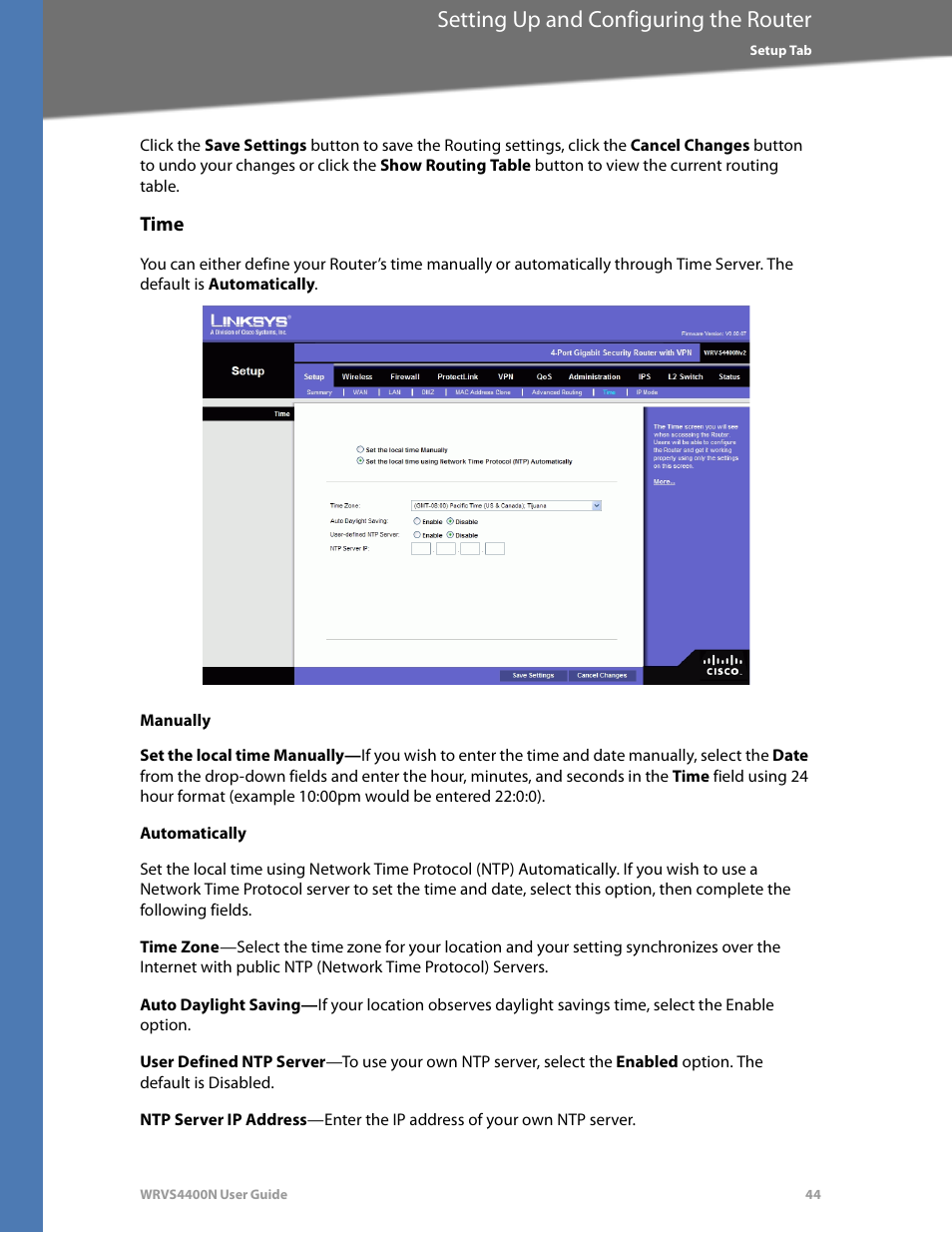 Time, Manually, Automatically | Setting up and configuring the router | Linksys WRVS4400N User Manual | Page 50 / 180
