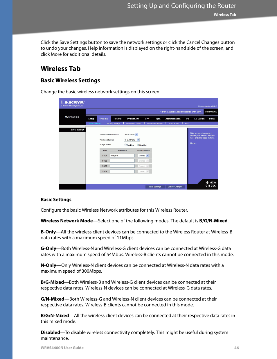 Wireless tab, Basic wireless settings, Basic settings | Setting up and configuring the router | Linksys WRVS4400N User Manual | Page 52 / 180