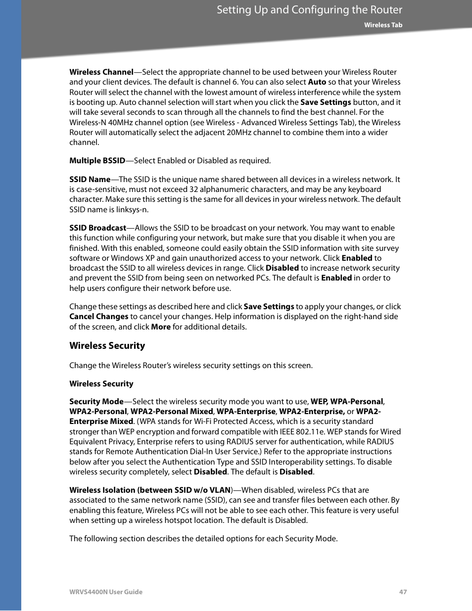 Wireless security, Setting up and configuring the router | Linksys WRVS4400N User Manual | Page 53 / 180