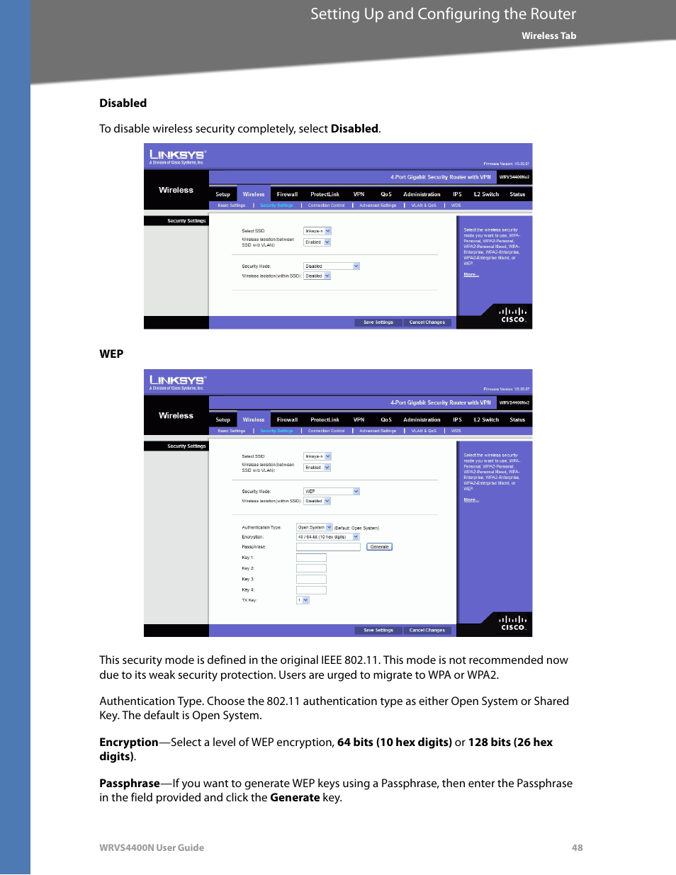 Disabled, Setting up and configuring the router | Linksys WRVS4400N User Manual | Page 54 / 180