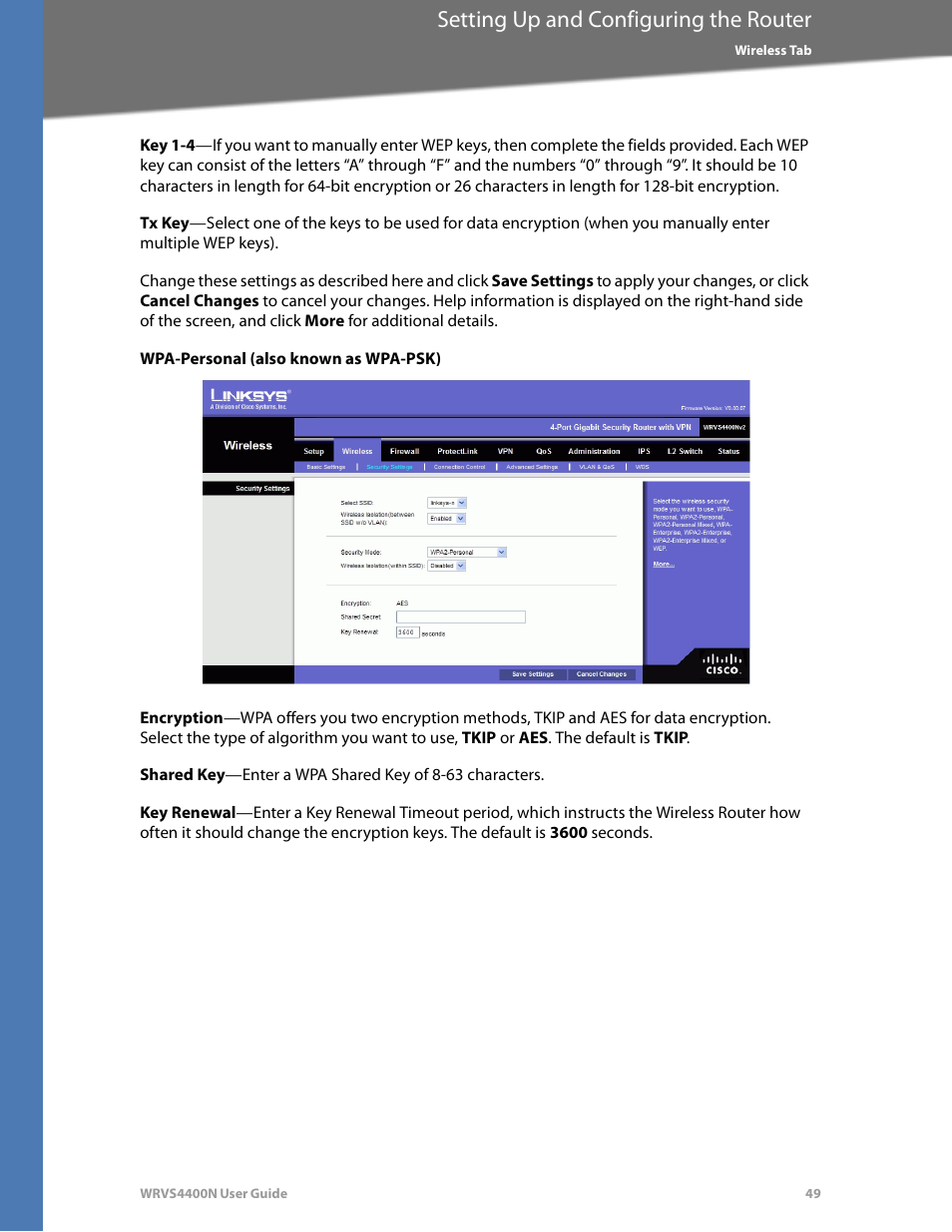 Wpa-personal (also known as wpa-psk), Setting up and configuring the router | Linksys WRVS4400N User Manual | Page 55 / 180