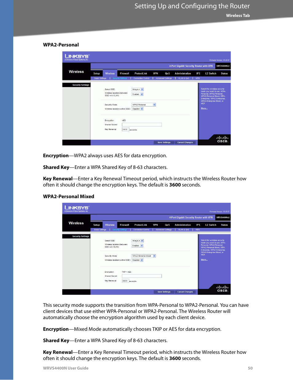 Wpa2-personal, Wpa2-personal mixed, Setting up and configuring the router | Linksys WRVS4400N User Manual | Page 56 / 180