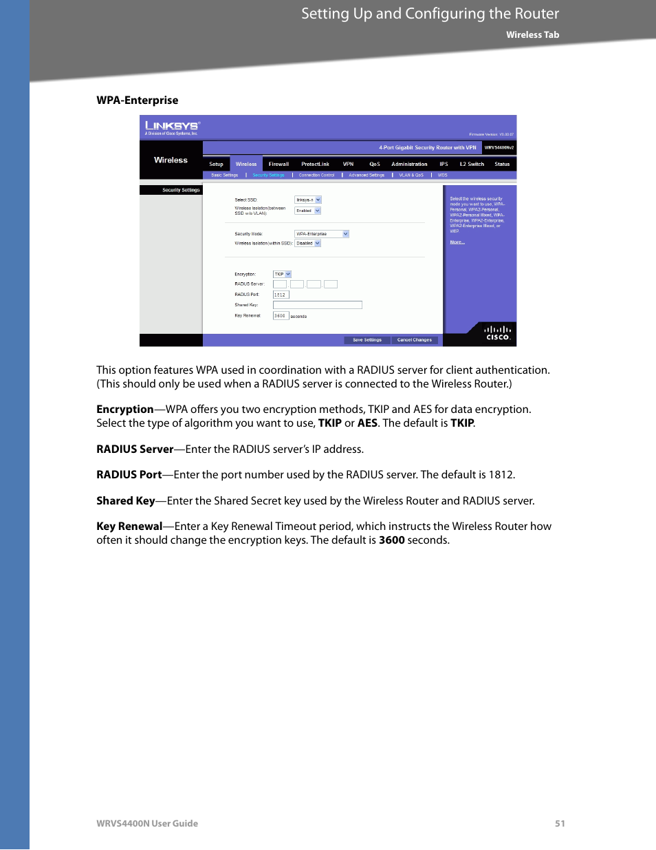 Wpa-enterprise, Setting up and configuring the router | Linksys WRVS4400N User Manual | Page 57 / 180