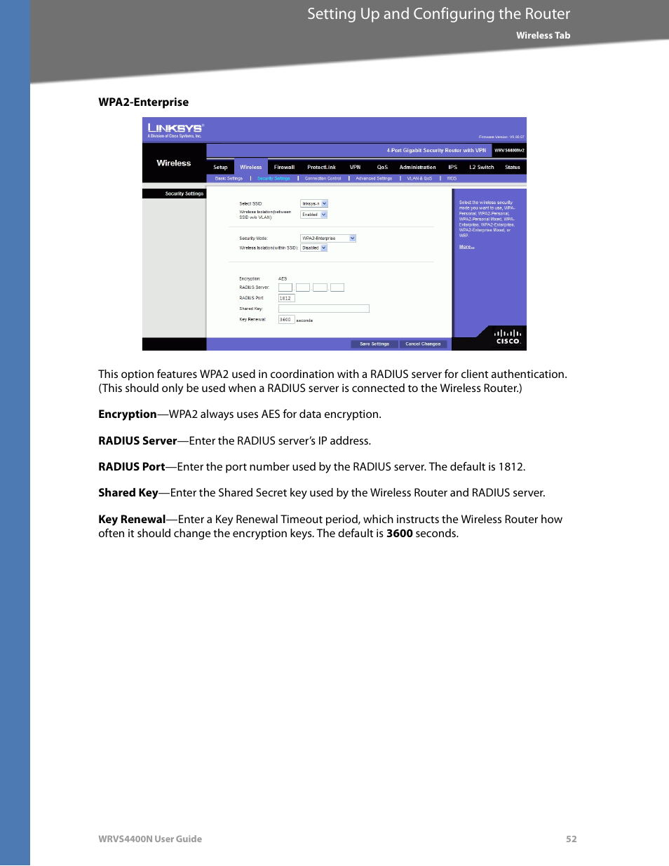 Wpa2-enterprise, Setting up and configuring the router | Linksys WRVS4400N User Manual | Page 58 / 180