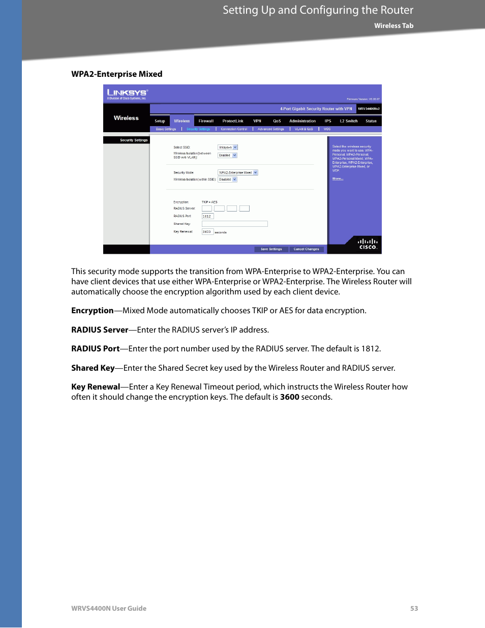 Wpa2-enterprise mixed, Setting up and configuring the router | Linksys WRVS4400N User Manual | Page 59 / 180