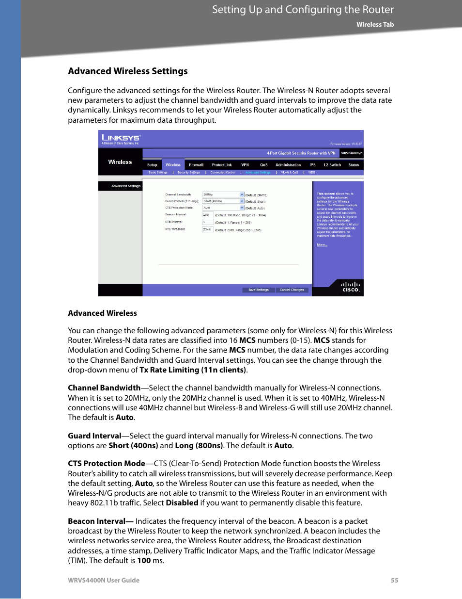 Advanced wireless settings, Advanced wireless, Setting up and configuring the router | Linksys WRVS4400N User Manual | Page 61 / 180