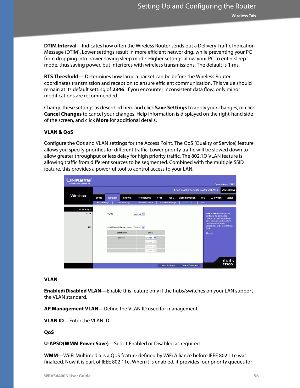 Vlan & qos, Vlan, Setting up and configuring the router | Linksys WRVS4400N User Manual | Page 62 / 180