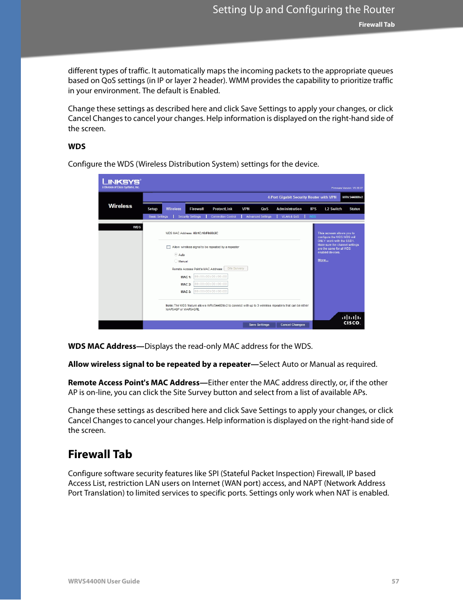 Firewall tab, Setting up and configuring the router | Linksys WRVS4400N User Manual | Page 63 / 180