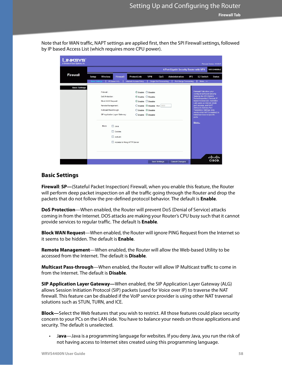 Basic settings, Setting up and configuring the router | Linksys WRVS4400N User Manual | Page 64 / 180