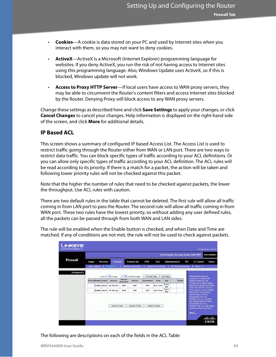 Ip based acl, Setting up and configuring the router | Linksys WRVS4400N User Manual | Page 65 / 180