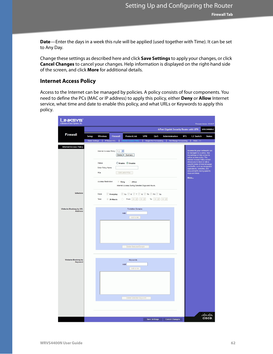Internet access policy, Setting up and configuring the router | Linksys WRVS4400N User Manual | Page 68 / 180
