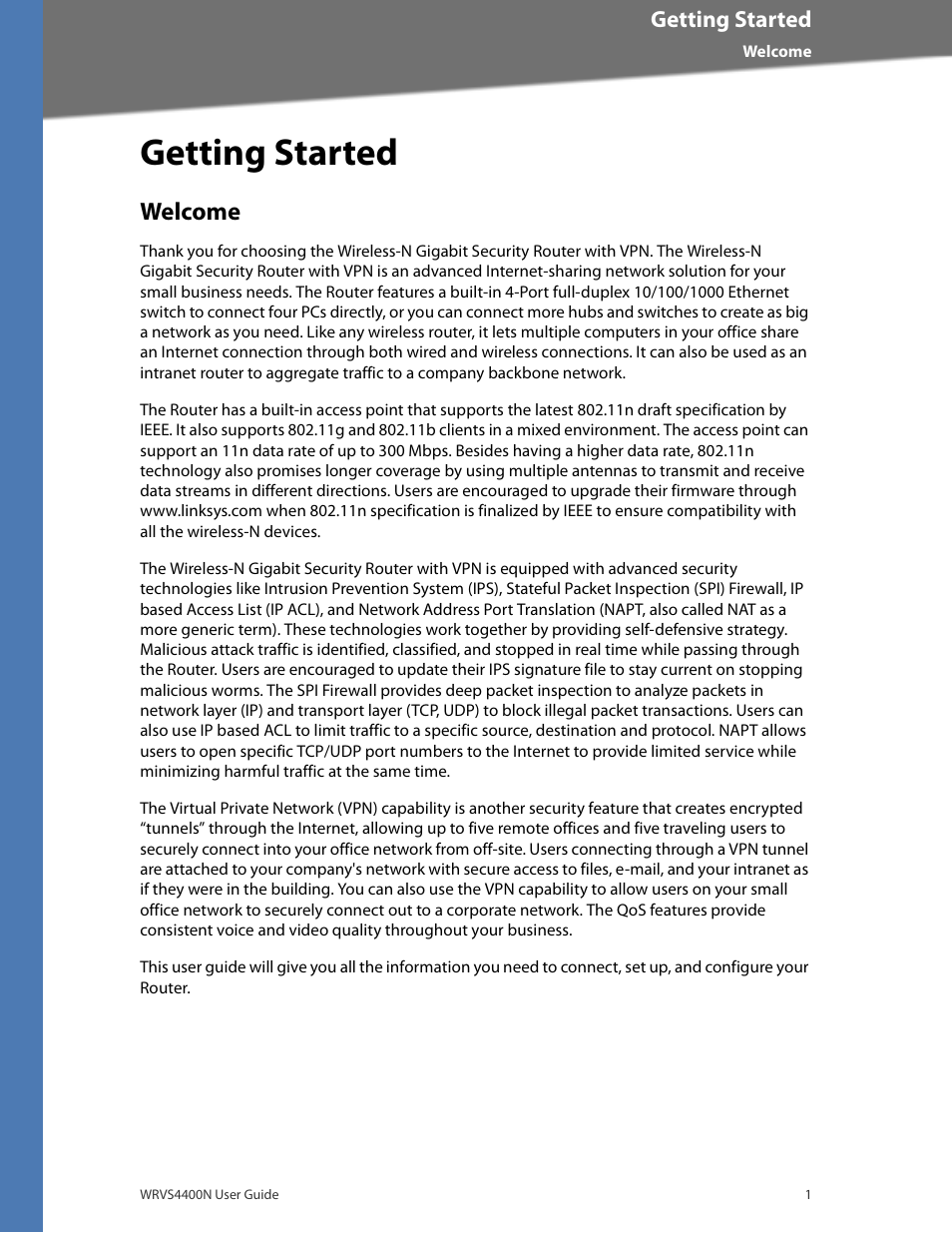 Getting started, Welcome | Linksys WRVS4400N User Manual | Page 7 / 180
