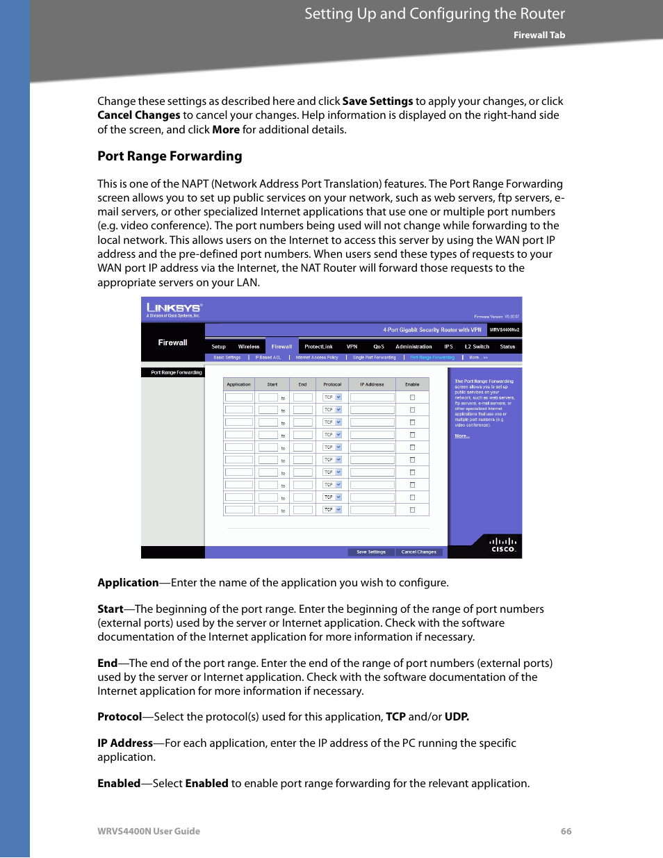 Port range forwarding, Setting up and configuring the router | Linksys WRVS4400N User Manual | Page 72 / 180