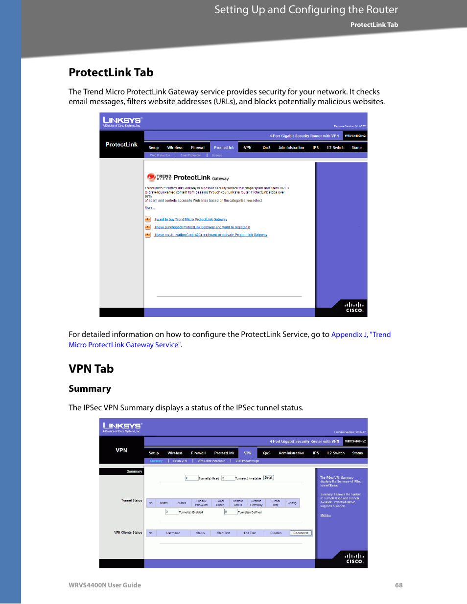 Protectlink tab, Vpn tab, Summary | Setting up and configuring the router | Linksys WRVS4400N User Manual | Page 74 / 180