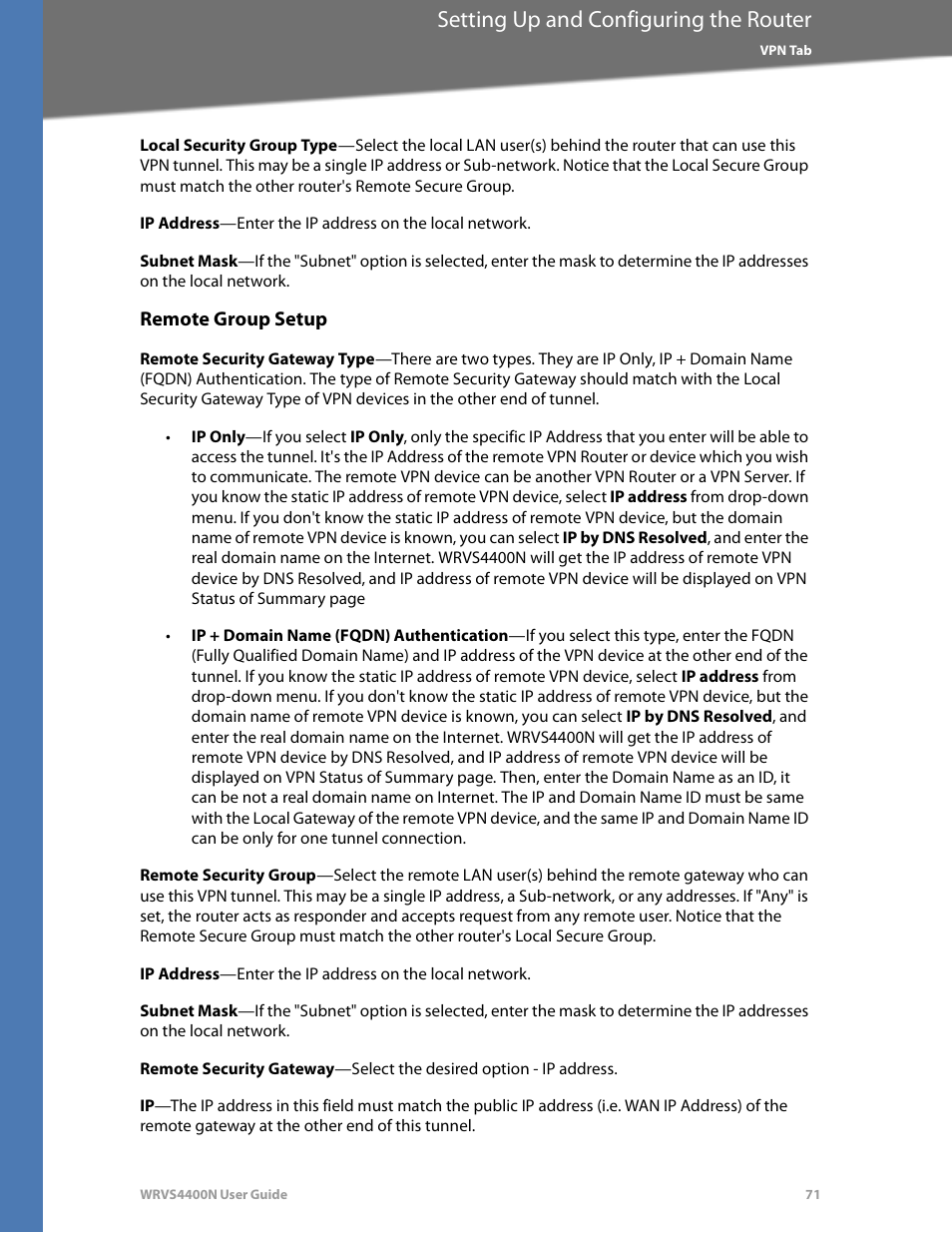 Remote group setup, Setting up and configuring the router | Linksys WRVS4400N User Manual | Page 77 / 180