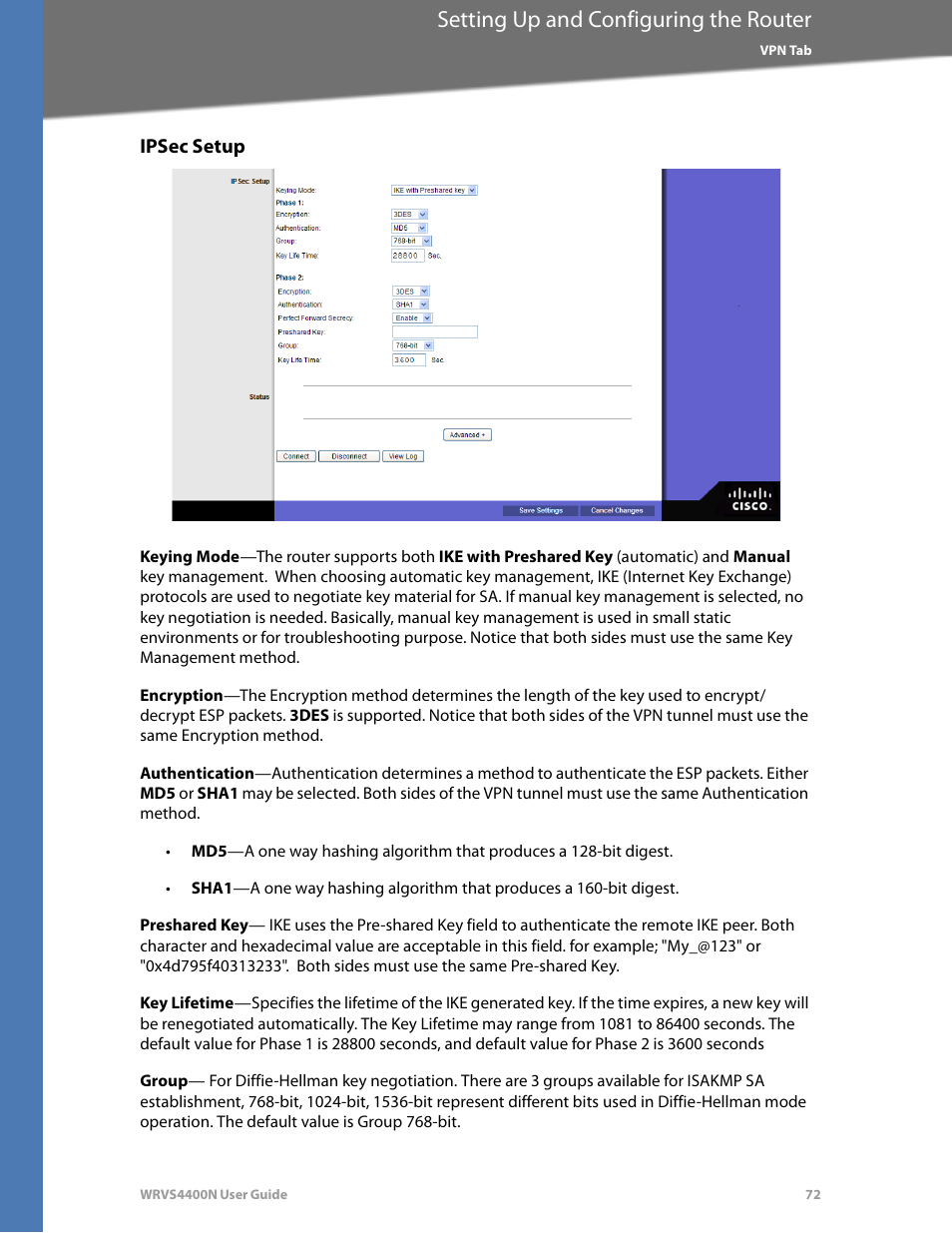Ipsec setup, Setting up and configuring the router | Linksys WRVS4400N User Manual | Page 78 / 180