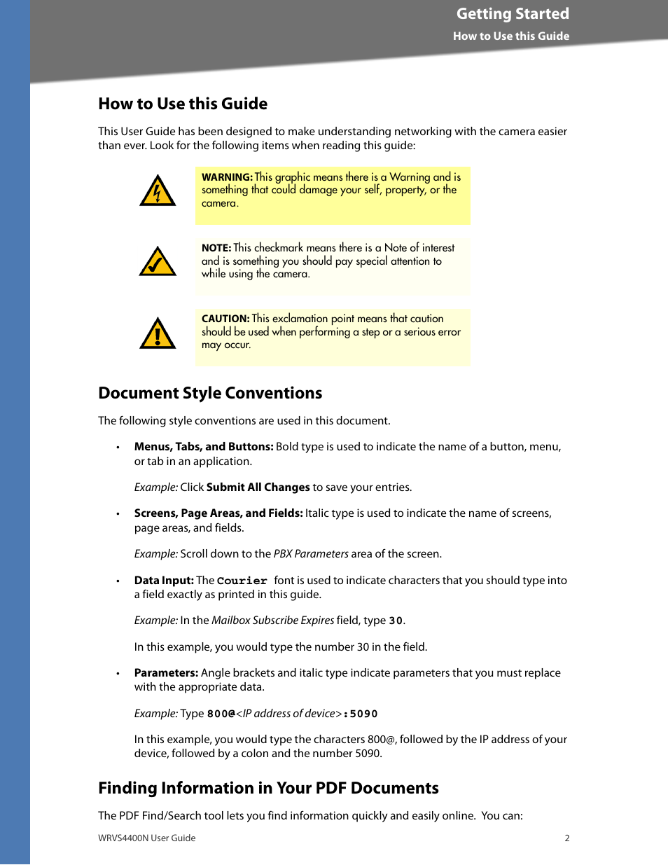 How to use this guide, Document style conventions, Finding information in your pdf documents | Getting started | Linksys WRVS4400N User Manual | Page 8 / 180