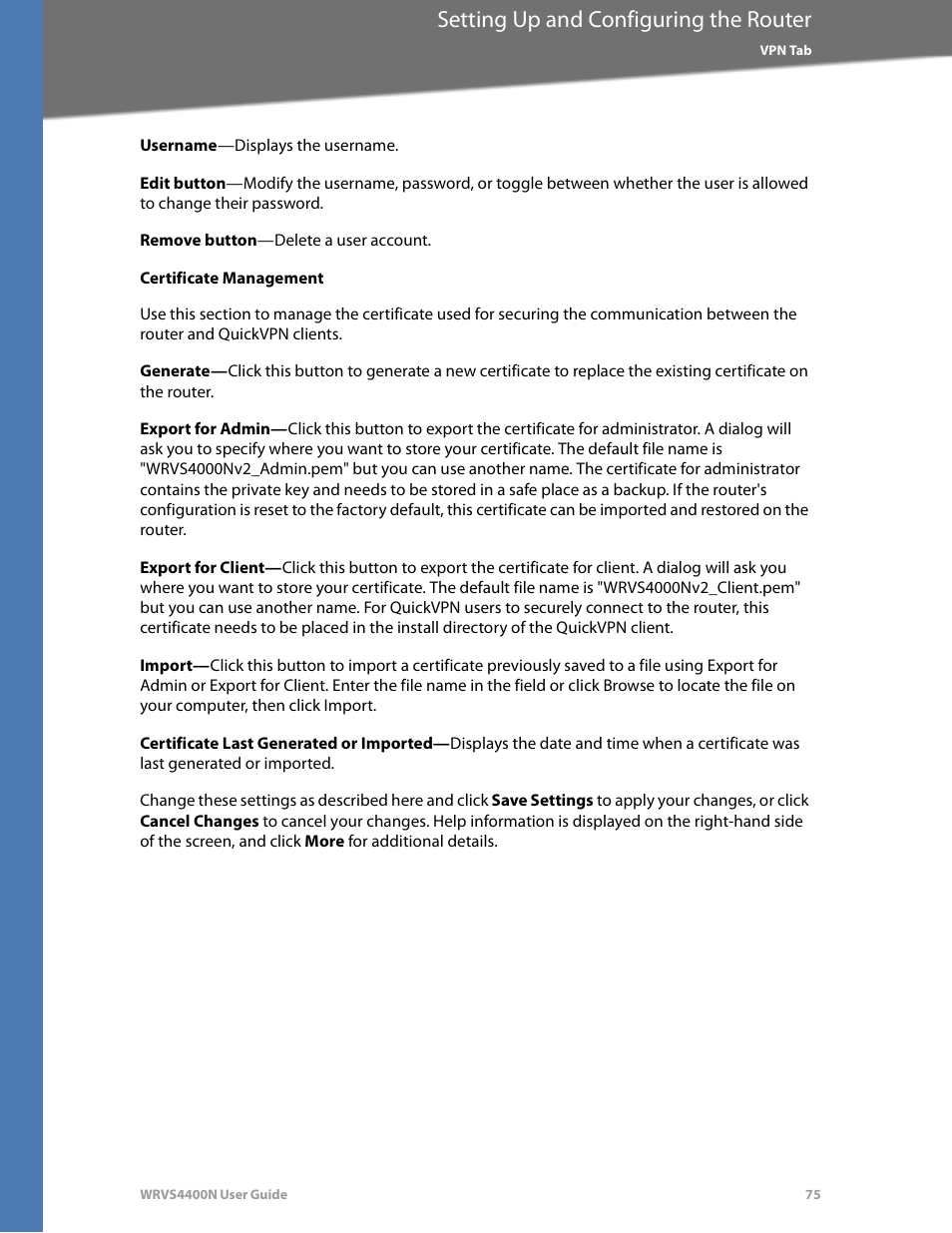 Certificate management, Setting up and configuring the router | Linksys WRVS4400N User Manual | Page 81 / 180