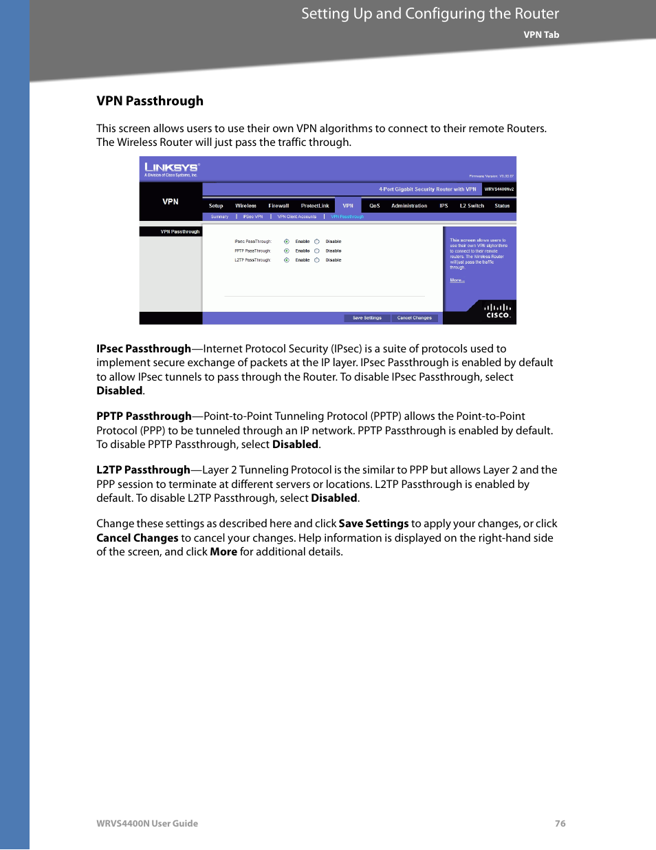 Vpn passthrough, Setting up and configuring the router | Linksys WRVS4400N User Manual | Page 82 / 180