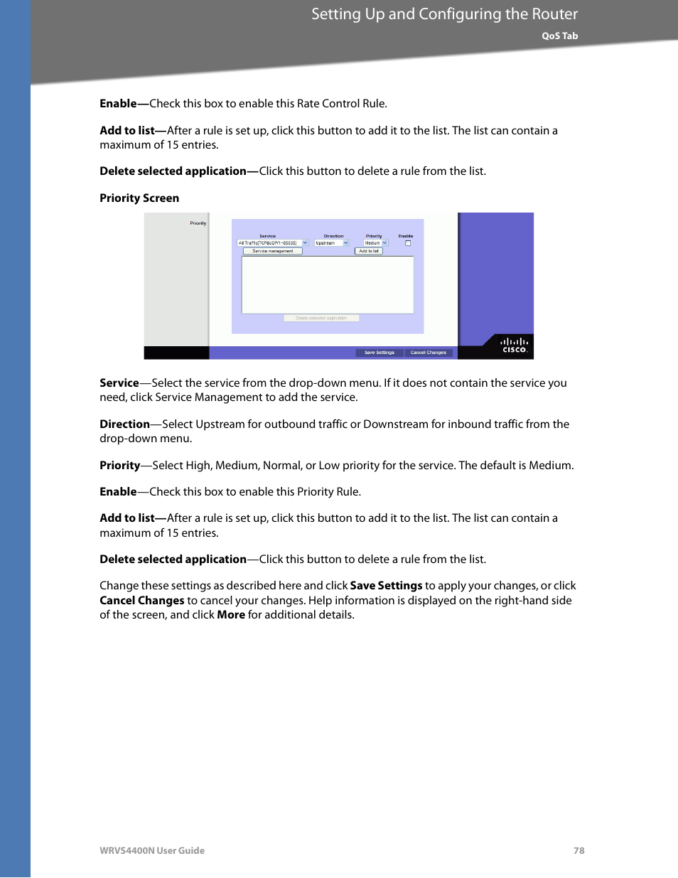 Priority screen, Setting up and configuring the router | Linksys WRVS4400N User Manual | Page 84 / 180