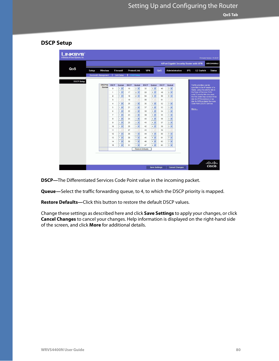 Dscp setup, Setting up and configuring the router | Linksys WRVS4400N User Manual | Page 86 / 180