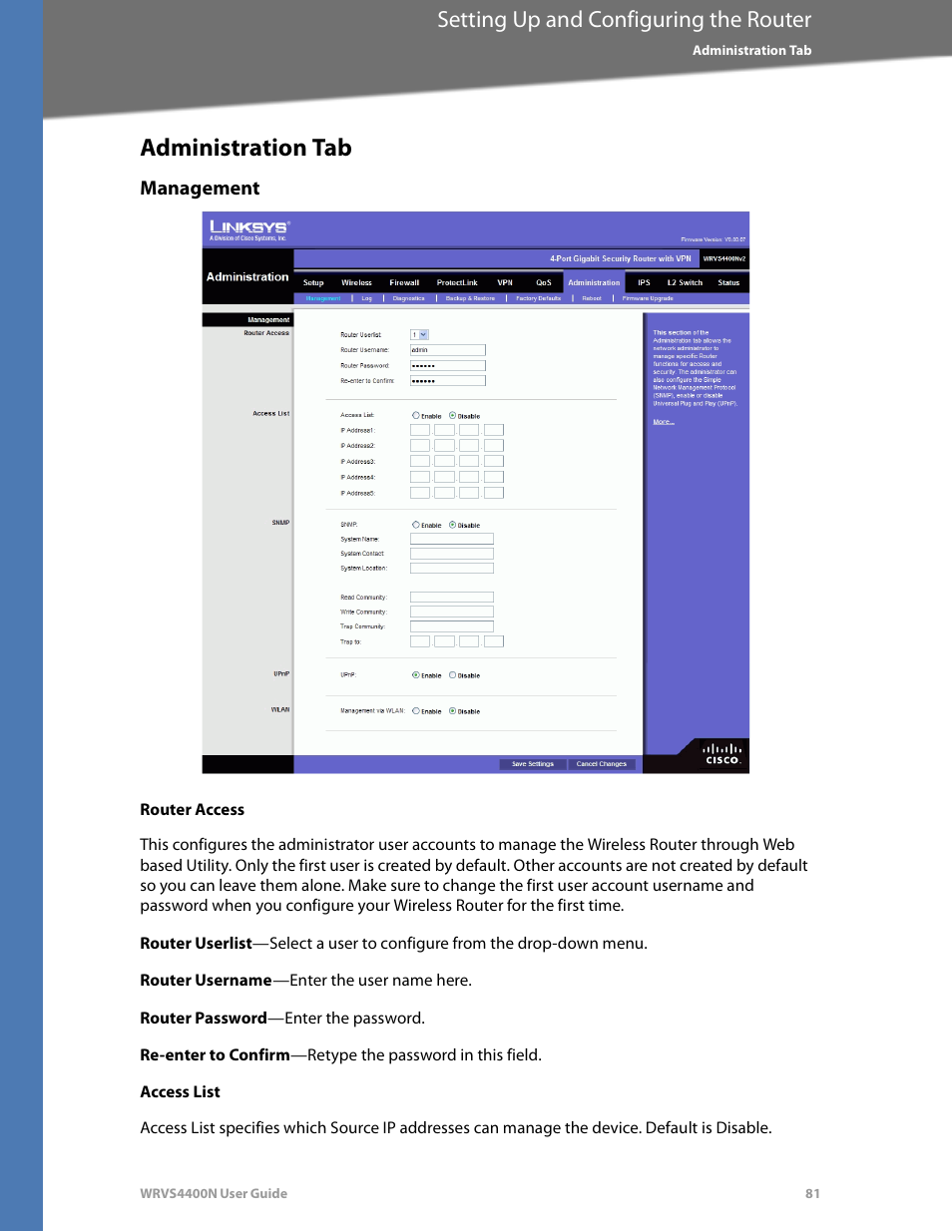 Administration tab, Management, Router access | Access list, Setting up and configuring the router | Linksys WRVS4400N User Manual | Page 87 / 180