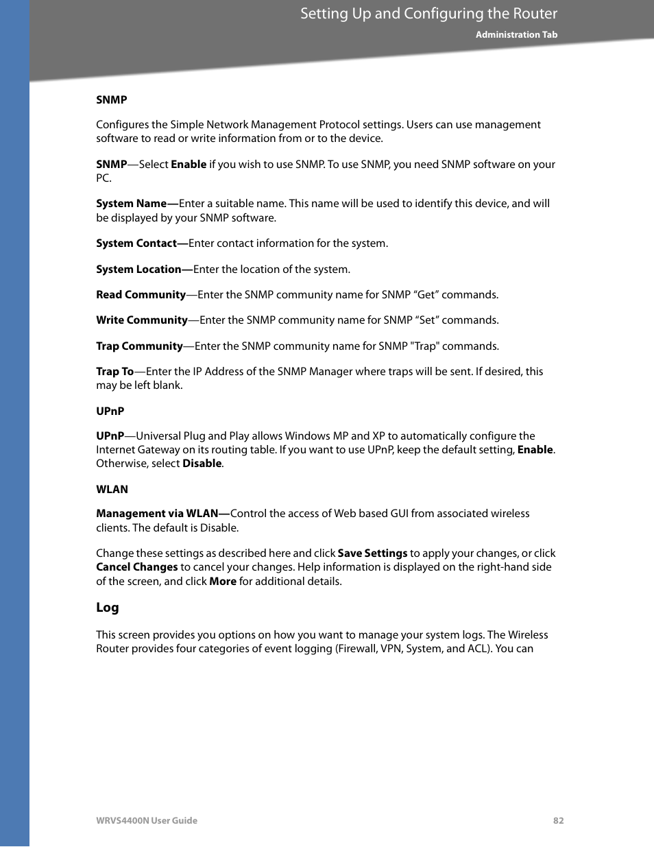 Snmp, Upnp, Wlan | Setting up and configuring the router | Linksys WRVS4400N User Manual | Page 88 / 180