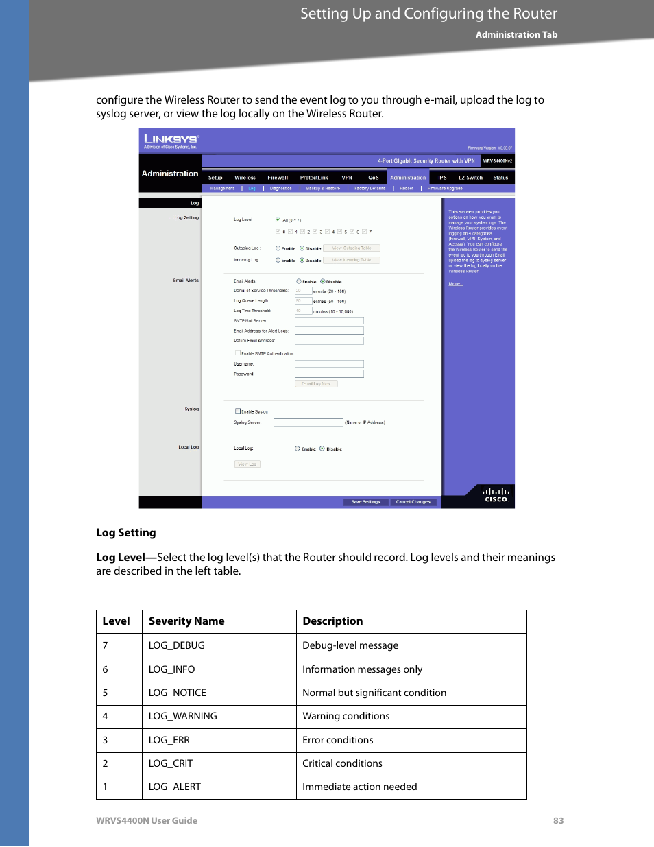 Log setting, Setting up and configuring the router | Linksys WRVS4400N User Manual | Page 89 / 180