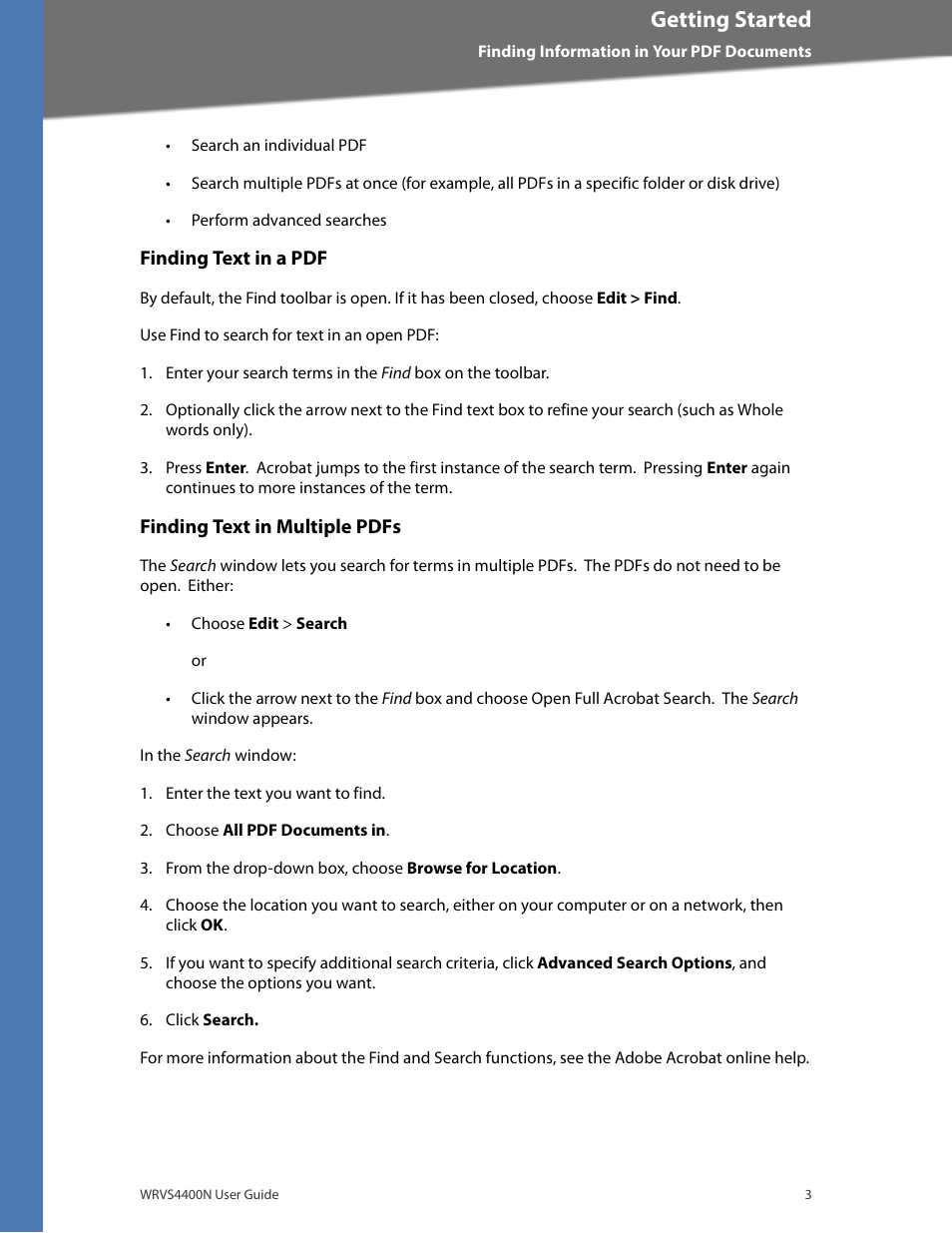 Finding text in a pdf, Finding text in multiple pdfs, Getting started | Linksys WRVS4400N User Manual | Page 9 / 180