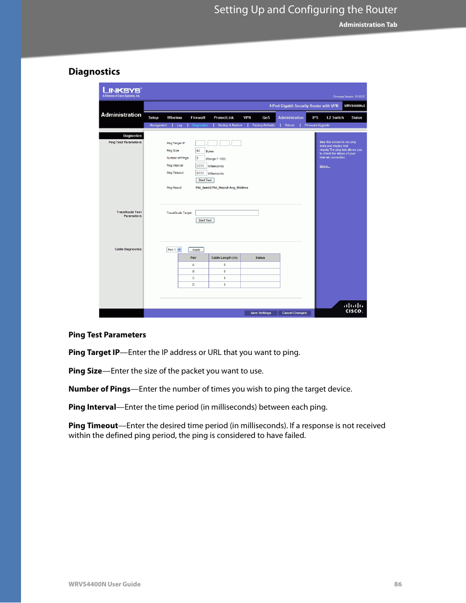 Diagnostics, Ping test parameters, Setting up and configuring the router | Linksys WRVS4400N User Manual | Page 92 / 180